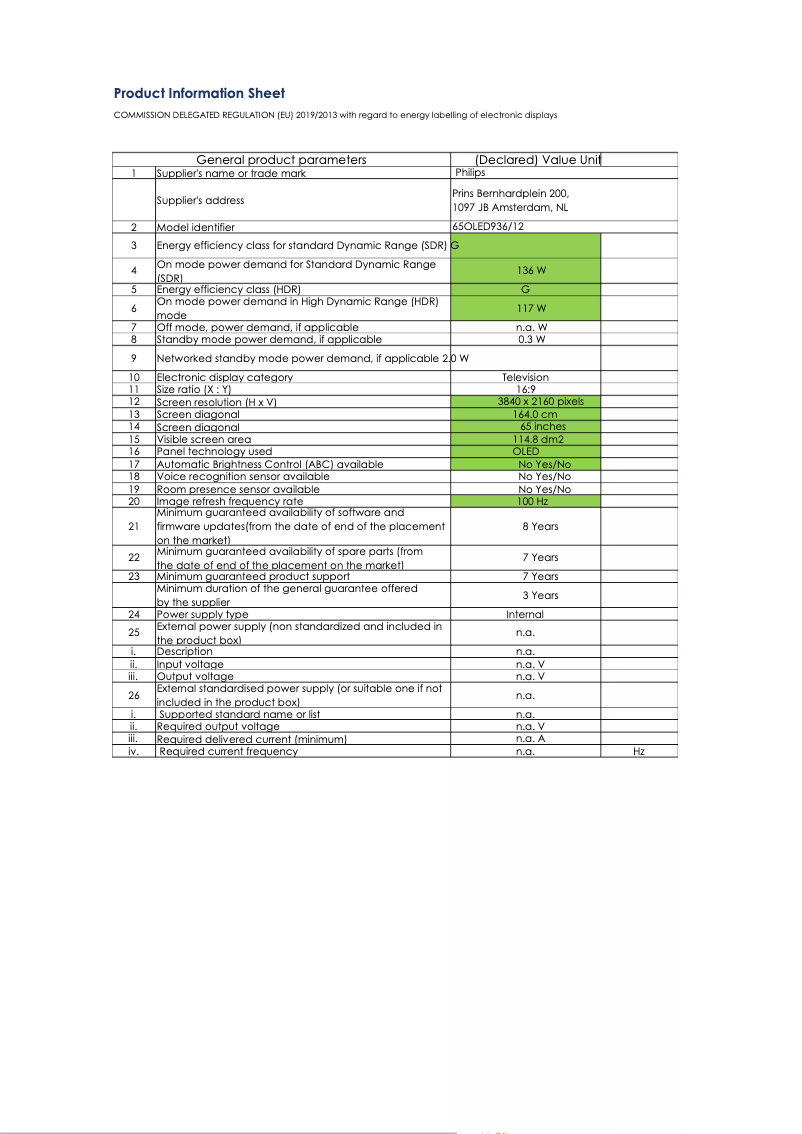 Page 1 de la notice Fiche technique Philips 65OLED936