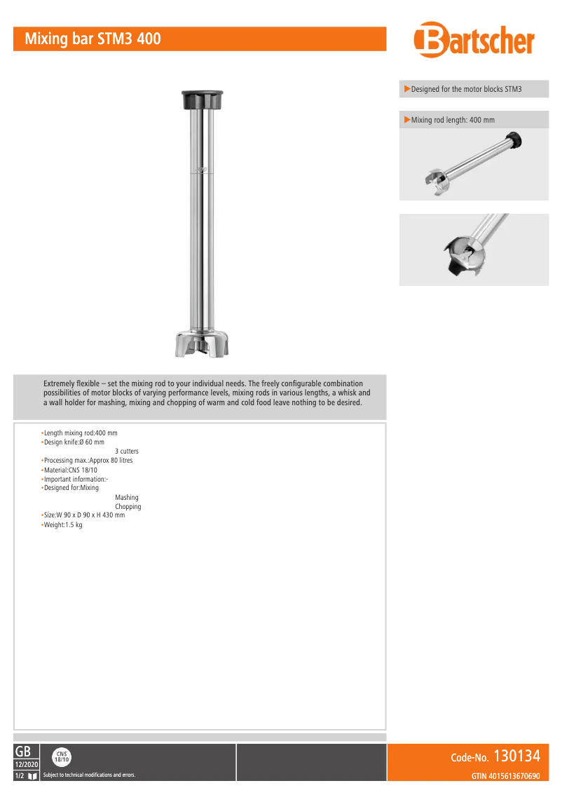 Page 1 de la notice Fiche technique Bartscher STM3 400