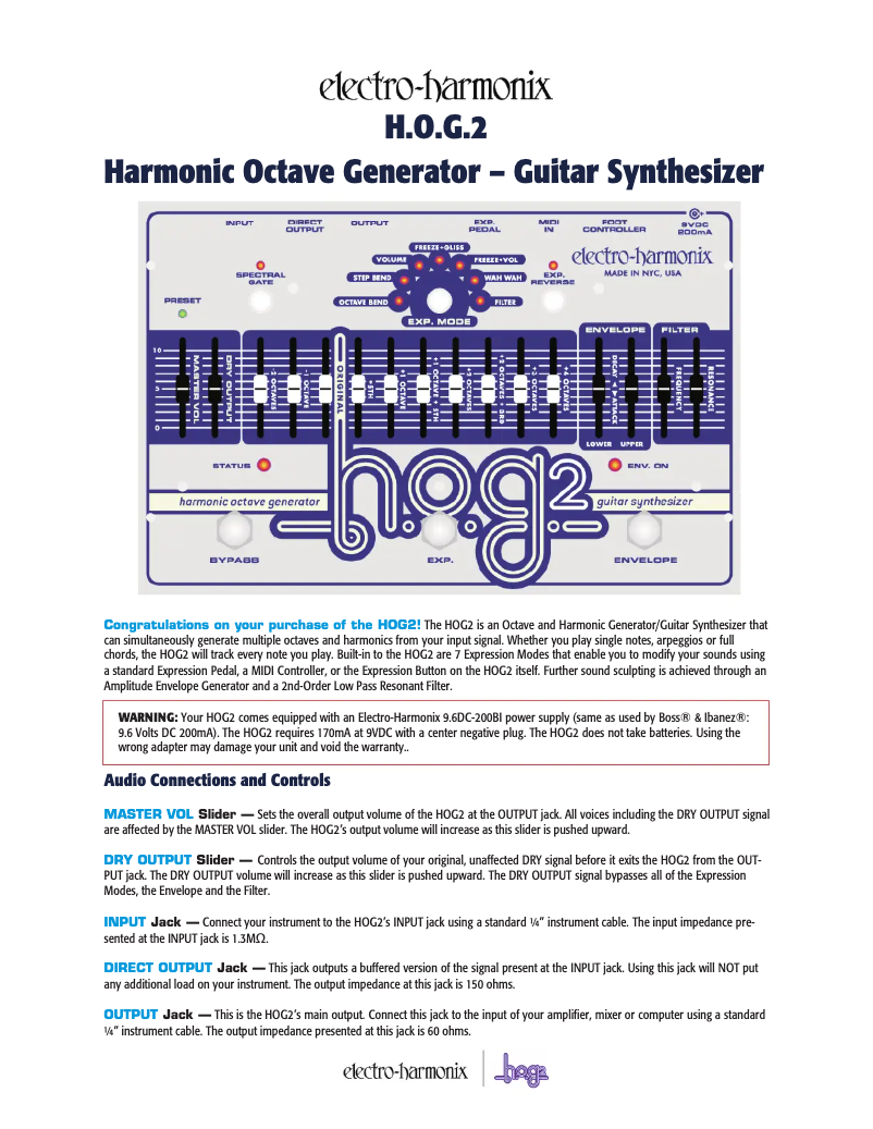Page 1 de la notice Manuel utilisateur Electro Harmonix H.O.G.2