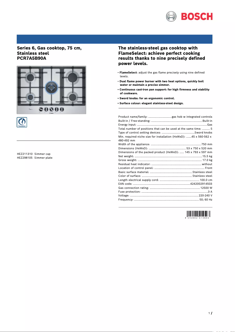 Page 1 of the manual Technical Sheet Bosch PCR7A5B90A