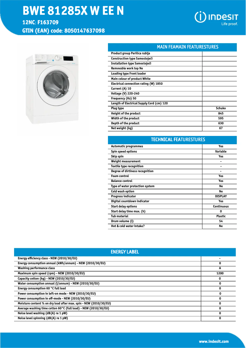 Page 1 de la notice Fiche technique Indesit BWE 81285X W EE N