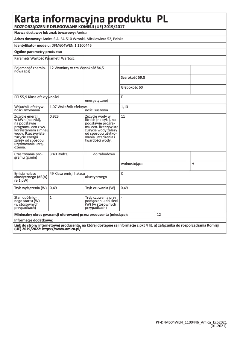 Page 1 de la notice Manuel utilisateur Amica DFM604WEN