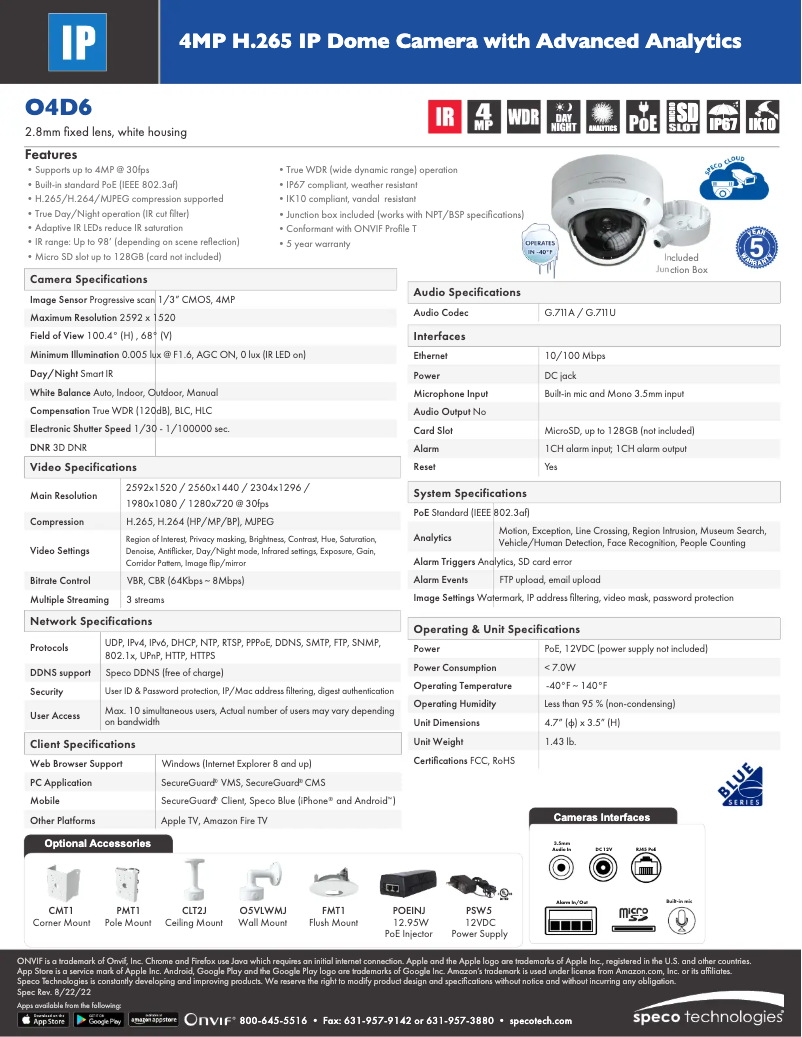 Page 1 de la notice Fiche technique Speco Technologies O4D6