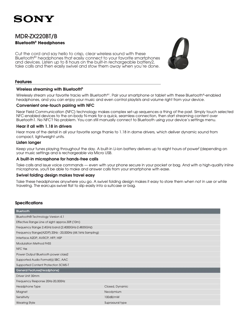 Page n°1 - Fiche technique Sony MDR-ZX220BT