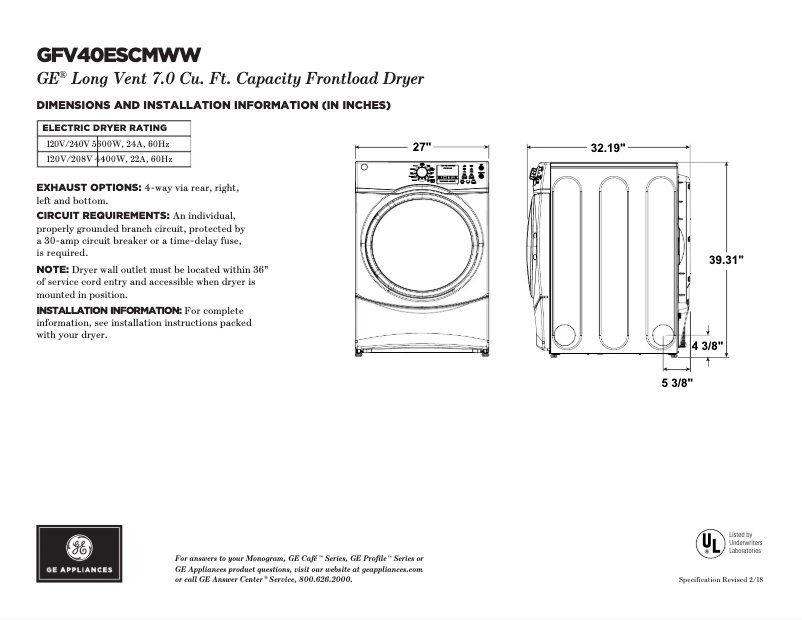 Page n°1 - Fiche technique GE GFV40ESCMWW