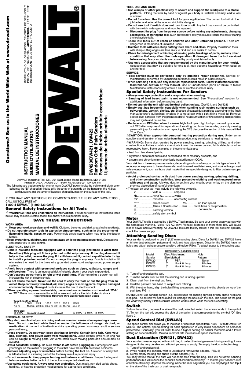 Page 1 de la notice Manuel utilisateur DeWalt DW420