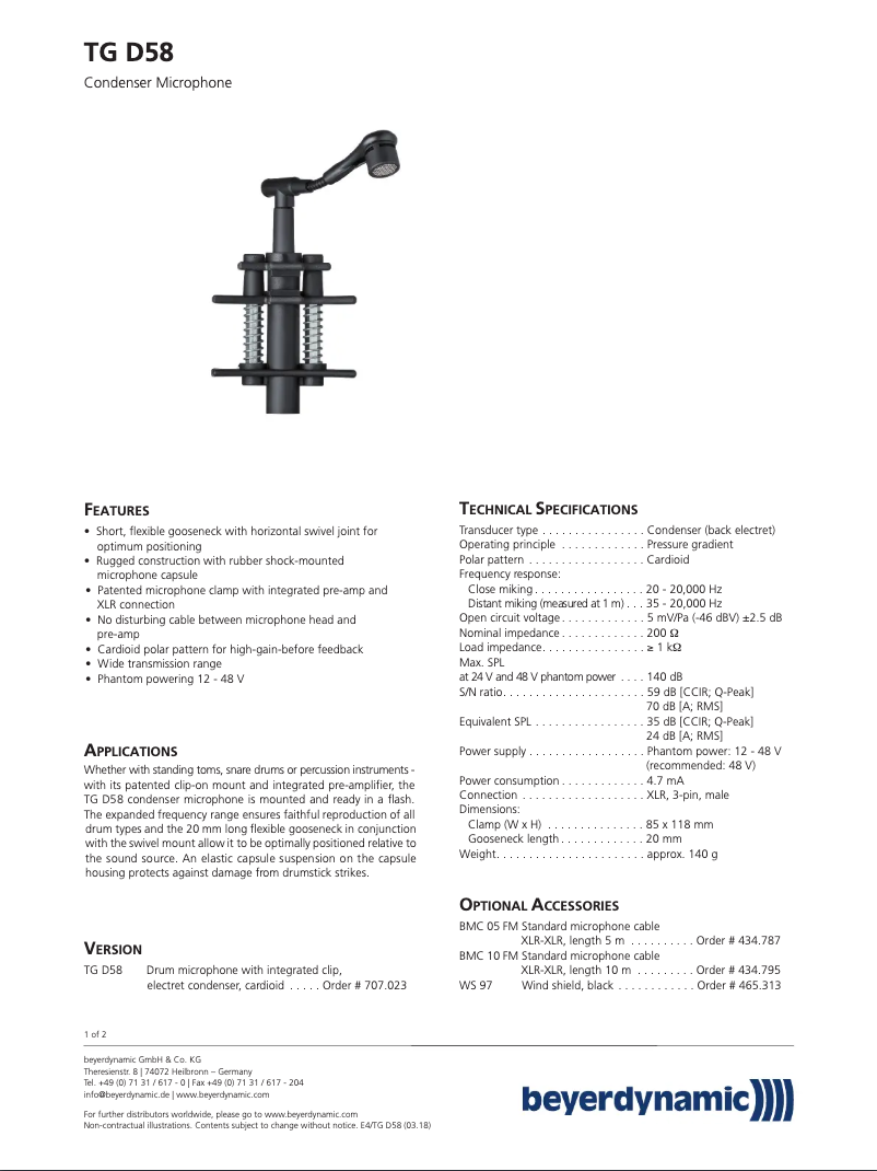 Page n°1 - Fiche technique Beyerdynamic TG D58
