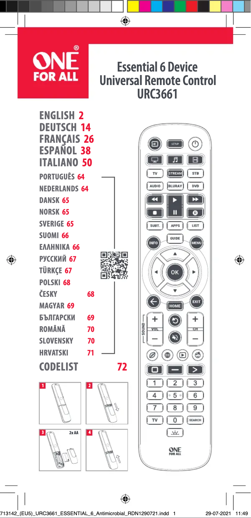 Page 1 de la notice Manuel utilisateur One for all Essential 6 URC 3661