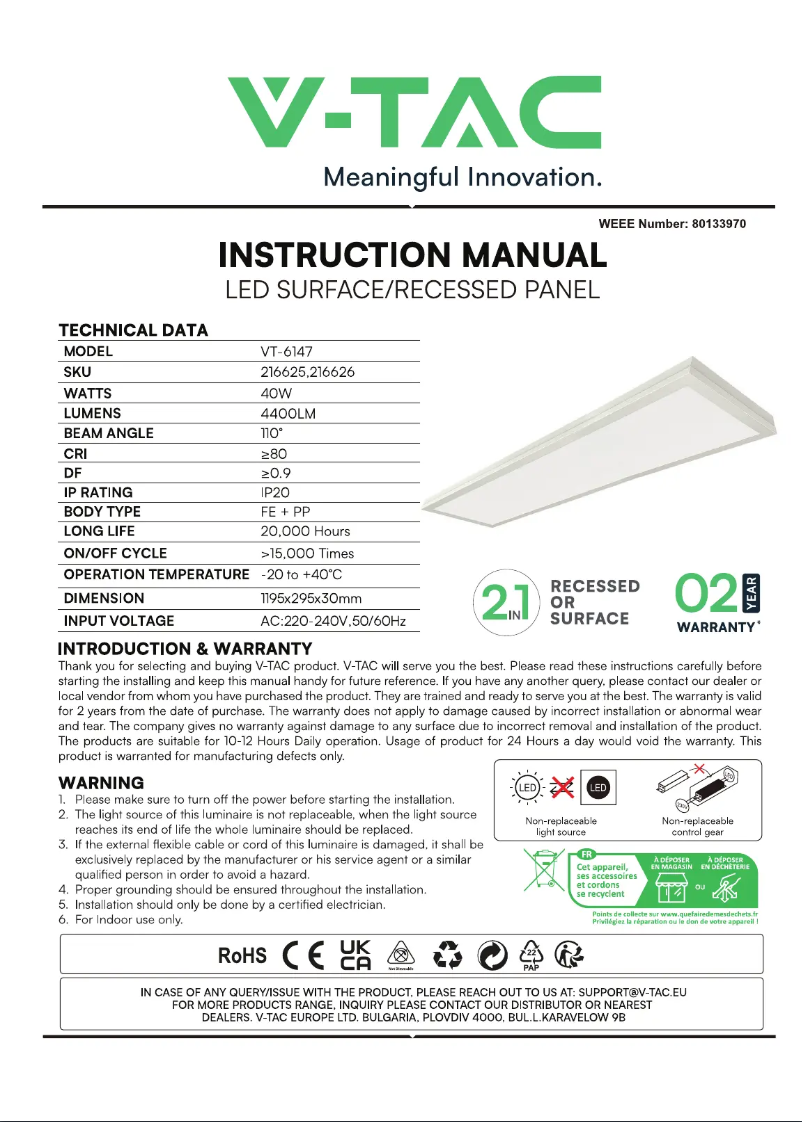 Page 1 de la notice Manuel utilisateur V-TAC VT-6147