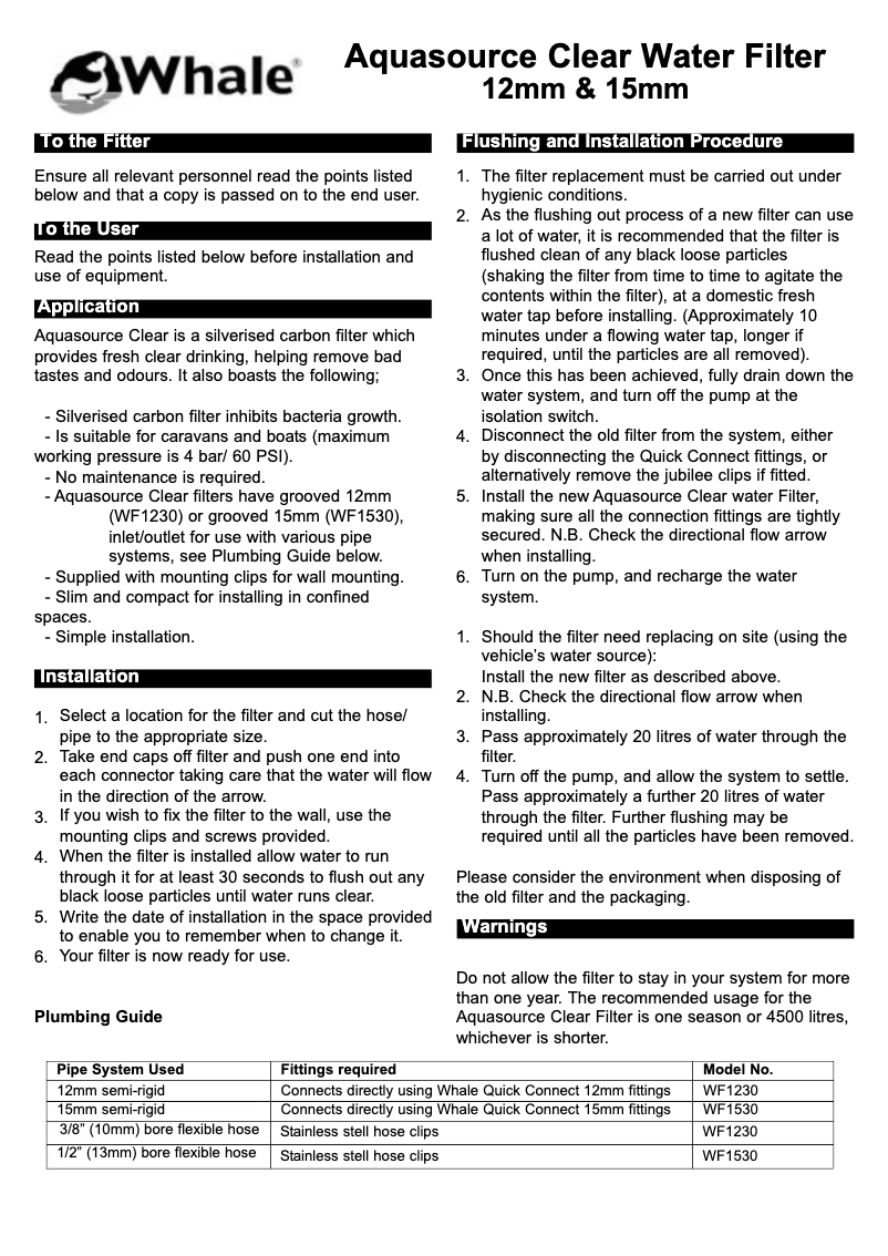 Page 1 of the manual User Manual Whale Aquasource WF1530