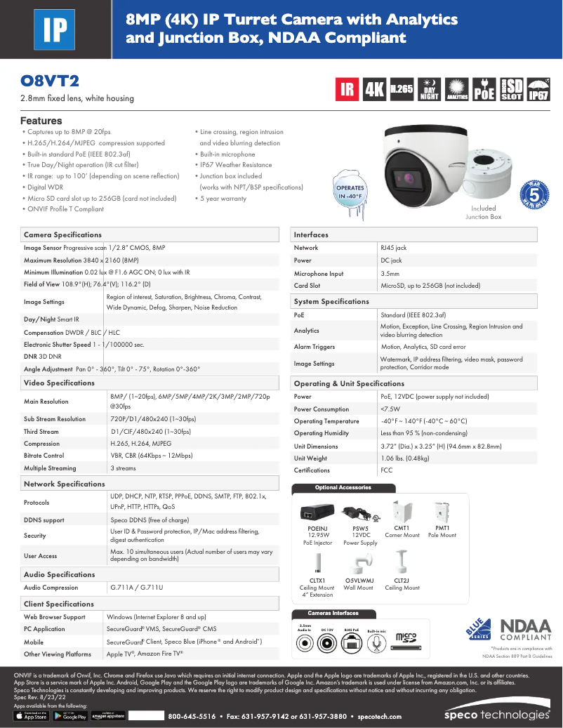 Page 1 de la notice Fiche technique Speco Technologies O8VT2