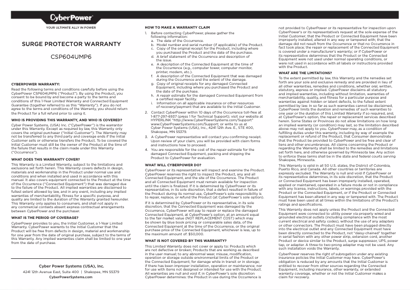 Page n°1 - Informations de garantie CyberPower CSP604UMP6