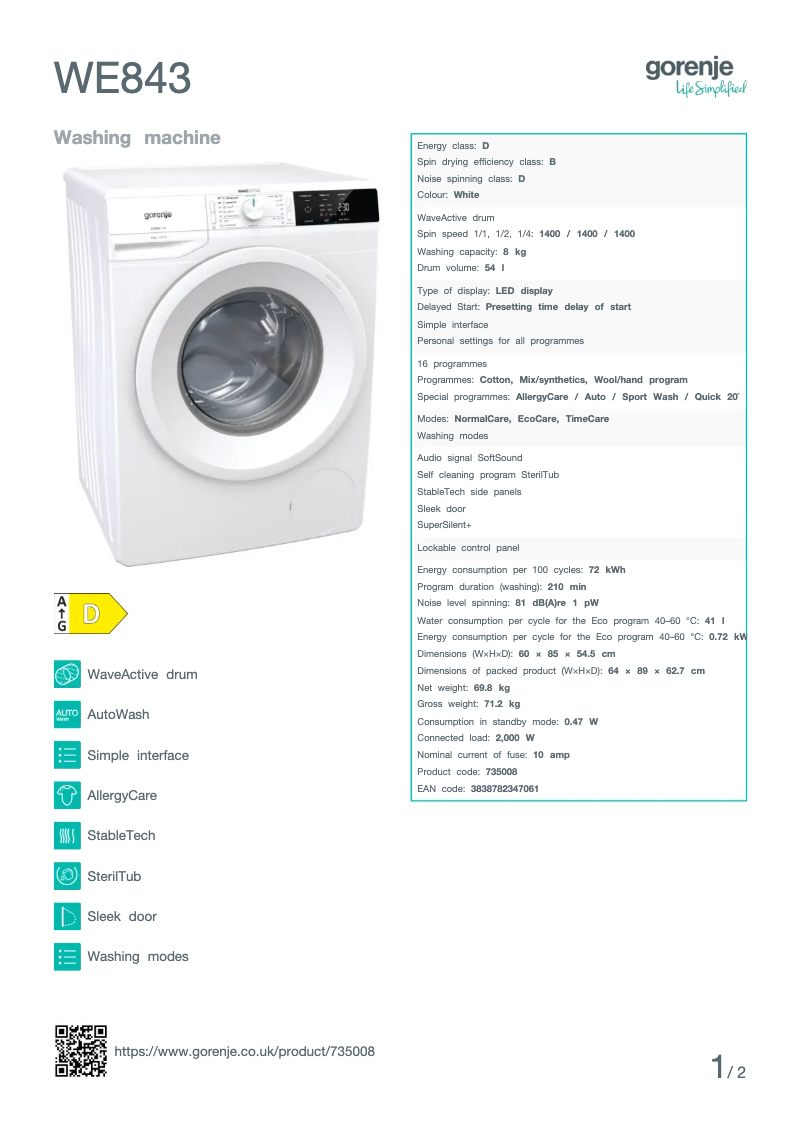 Page n°1 - Fiche technique Gorenje WE843