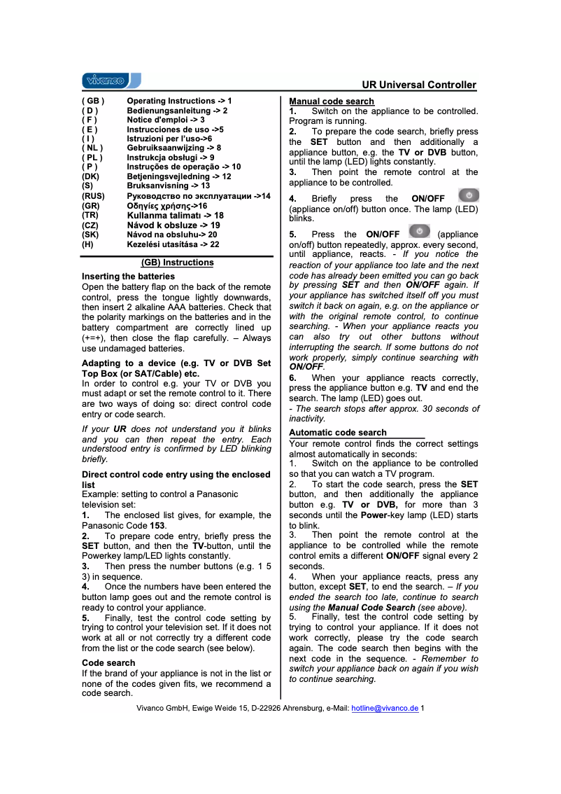 Page 1 de la notice Manuel utilisateur Vivanco UR 2