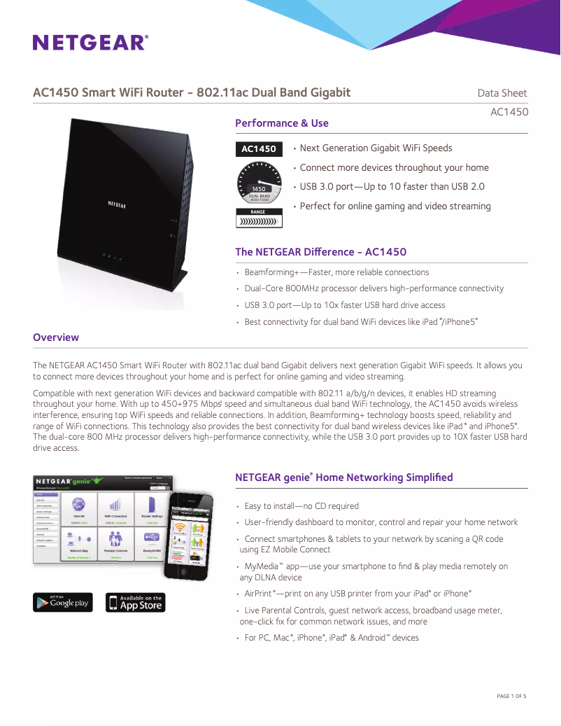 Page 1 de la notice Fiche technique Netgear AC1450