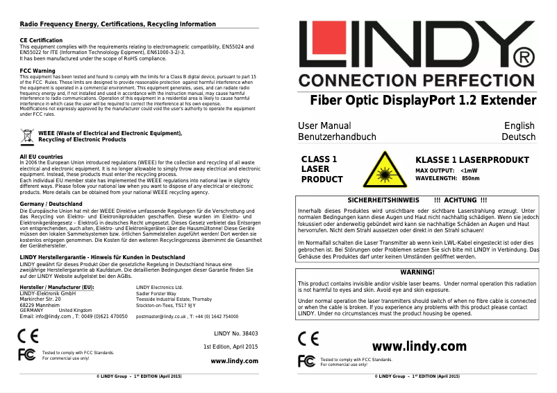 Page 1 de la notice Manuel utilisateur Lindy 38403