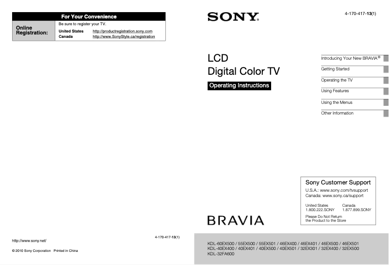 Página 1 del manual Manual de usuario Sony Bravia KDL-46EX400