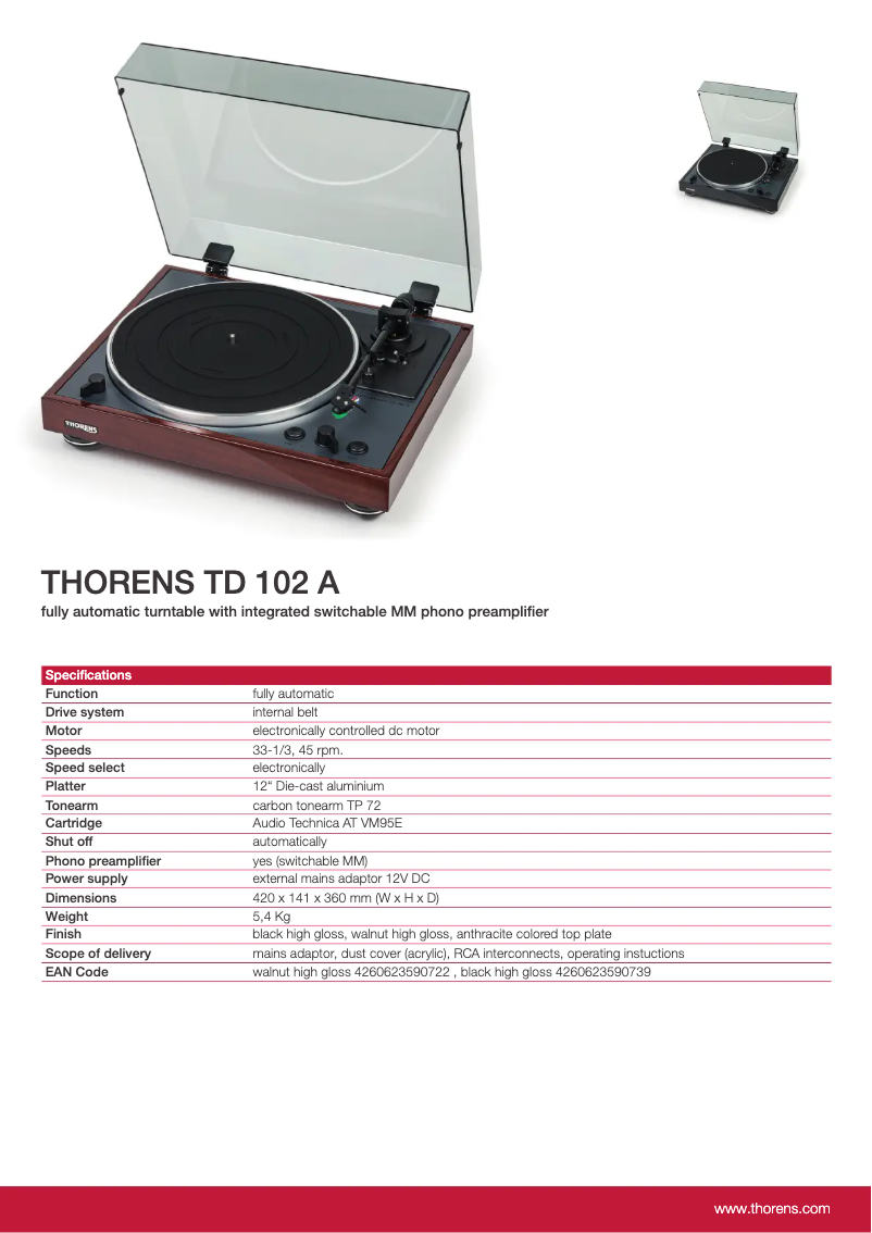 Page 1 de la notice Fiche technique Thorens TD 102 A