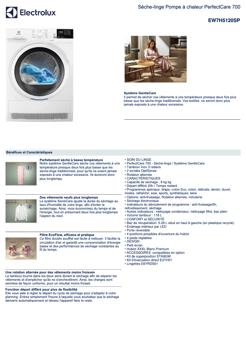 Page 1 de la notice Fiche technique Electrolux EW7H5120SP