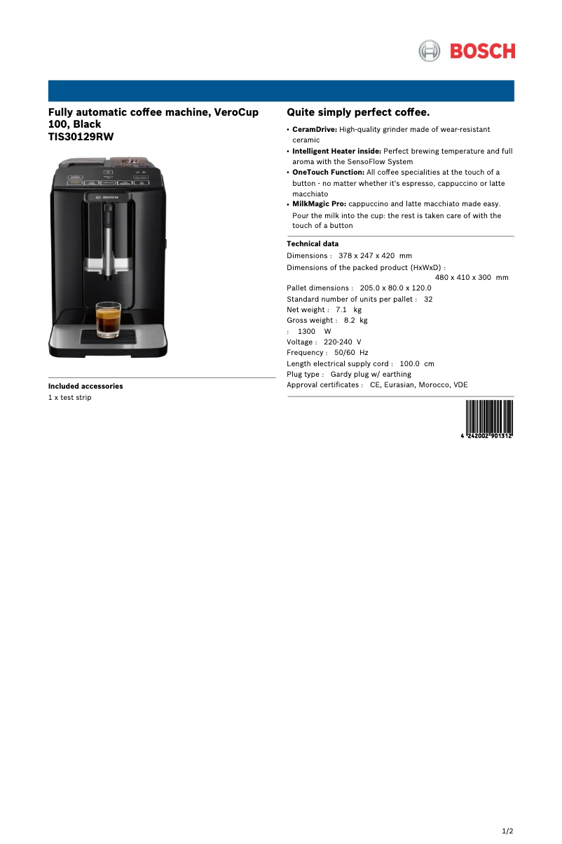 Page n°1 - Fiche technique Bosch VeroCup 100 TIS30129RW