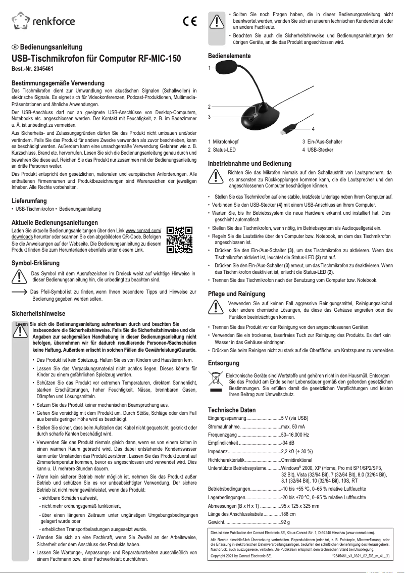 Page 1 de la notice Manuel utilisateur Renkforce RF-MIC-150