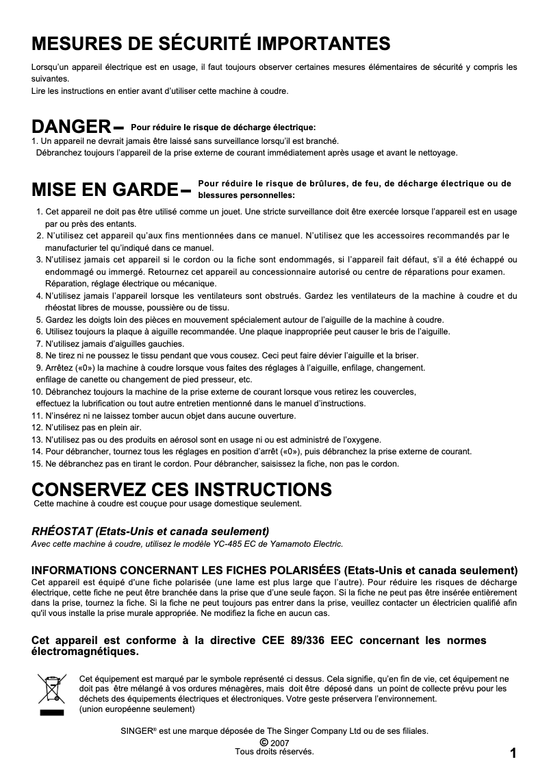 Page 1 de la notice Manuel utilisateur Singer Curvy