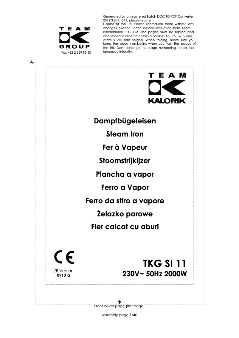 Page 1 de la notice Manuel utilisateur Kalorik TKG SI 11