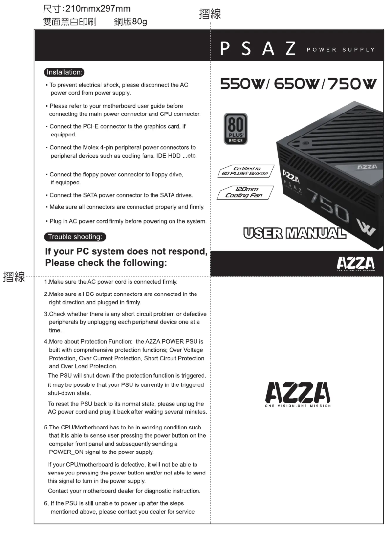Page 1 de la notice Manuel utilisateur Azza PSAZ 750W