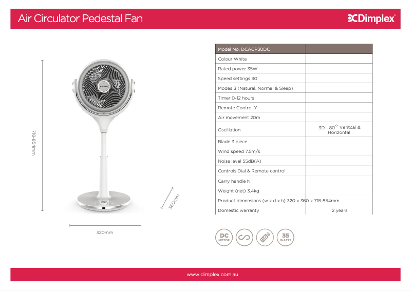 Page 1 de la notice Fiche technique Dimplex DCACP30DC