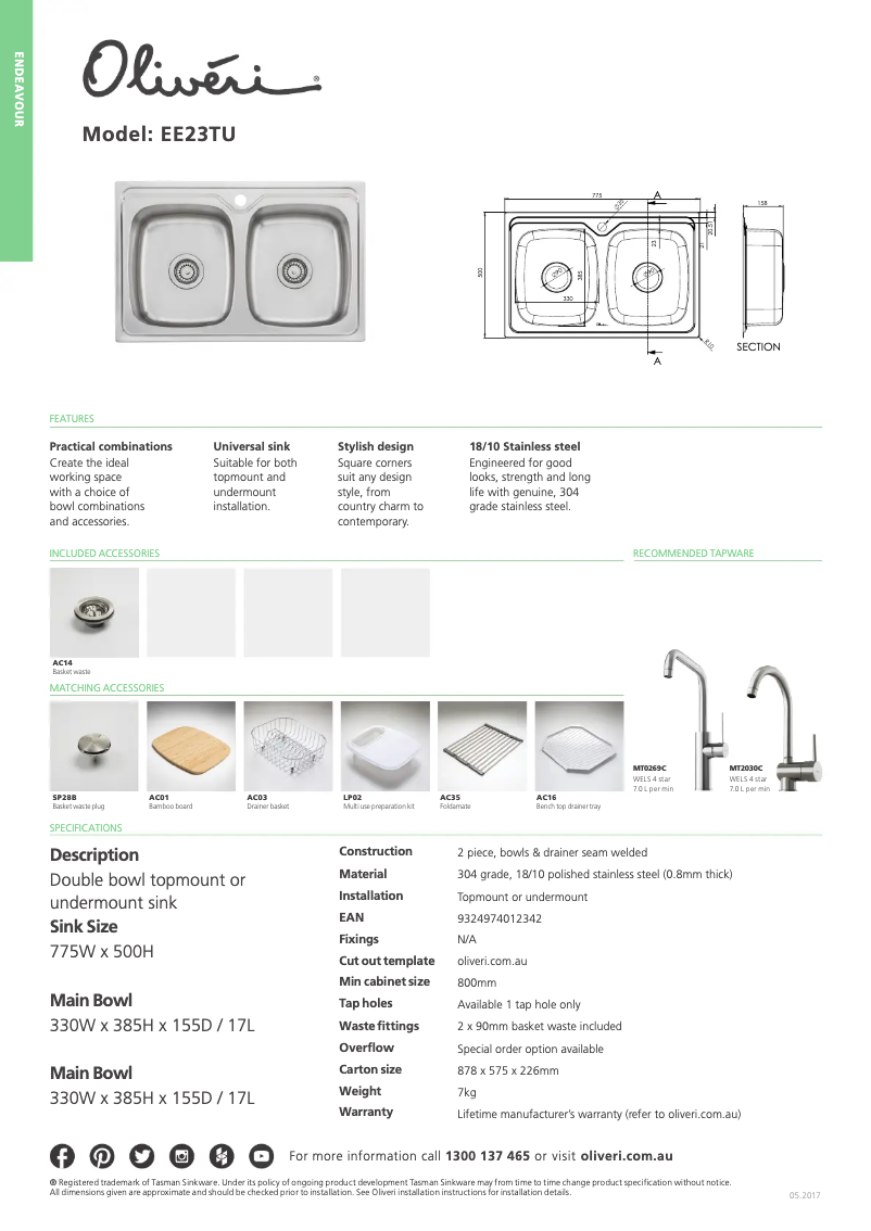 Page 1 de la notice Fiche technique Oliveri EE23TU