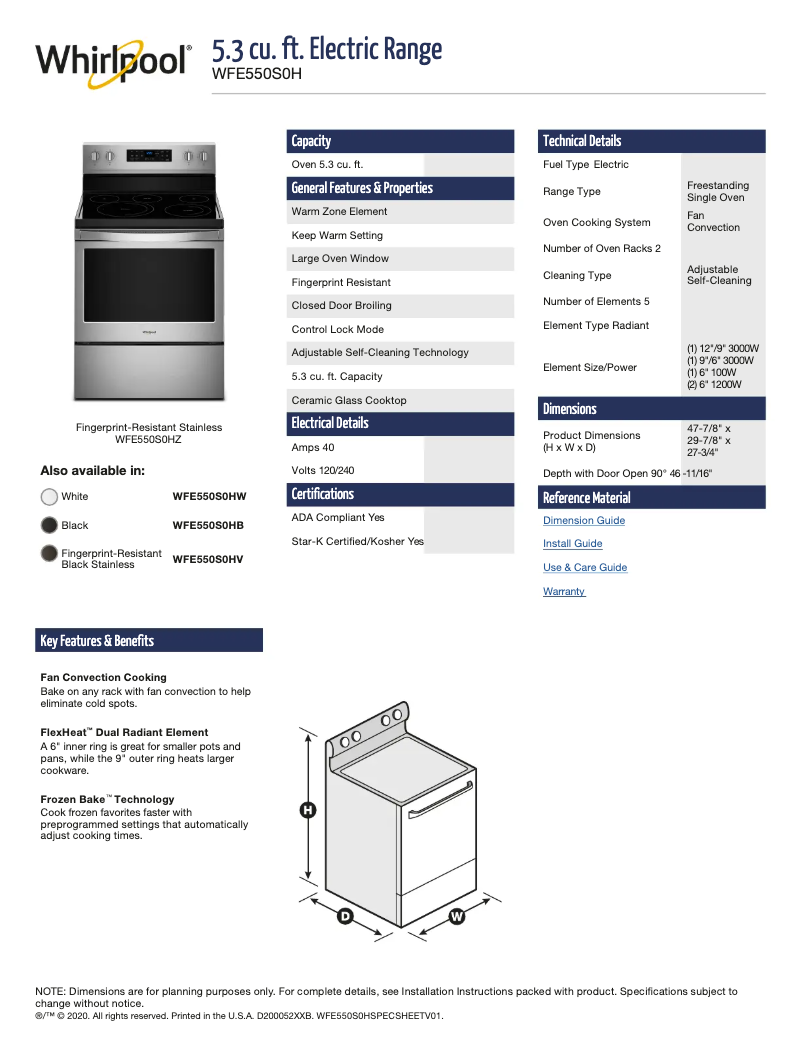 Page 1 of the manual Technical Sheet Whirlpool WFE550S0HZ