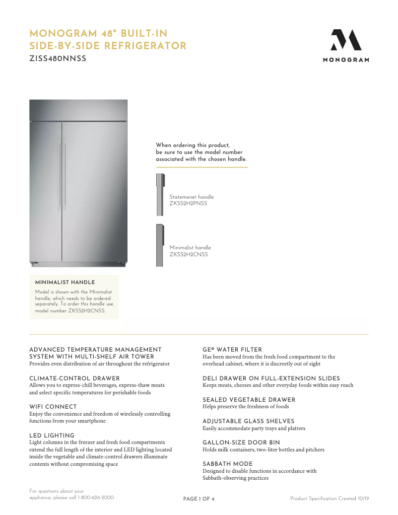 Page 1 de la notice Fiche technique Monogram ZISS480NNSS
