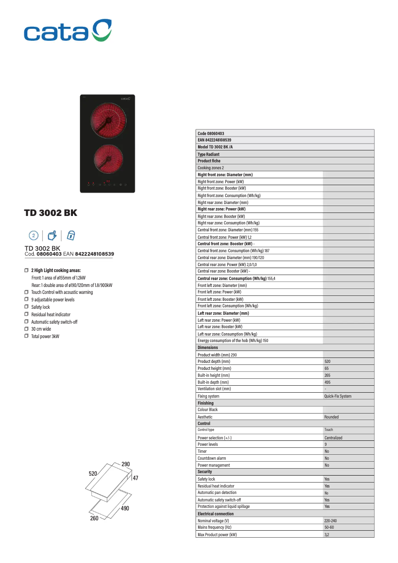 Page 1 de la notice Fiche technique CATA TD 3002 BK