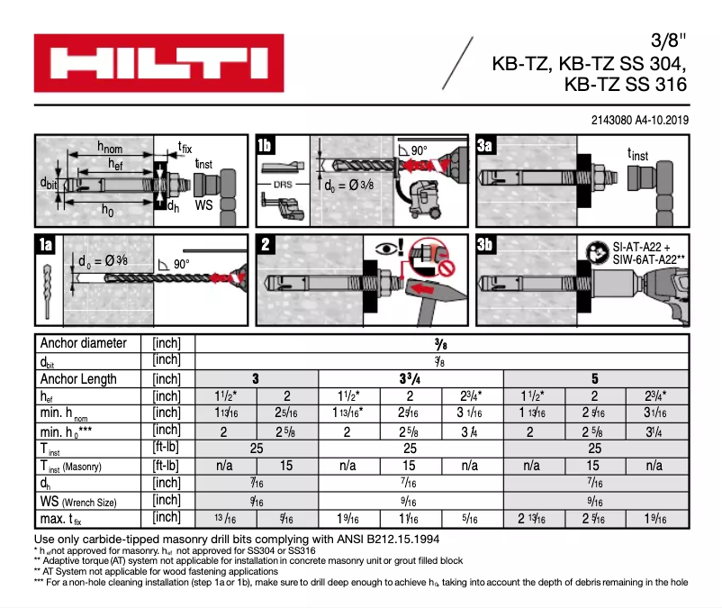 Page 1 de la notice Manuel utilisateur Hilti KB-TZ SS 316