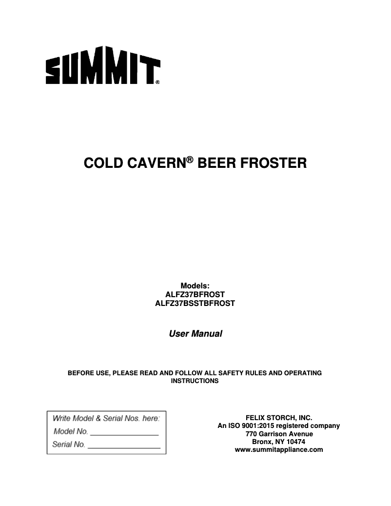 Page n°1 - Manuel utilisateur Summit ALFZ37BSSTBFROST
