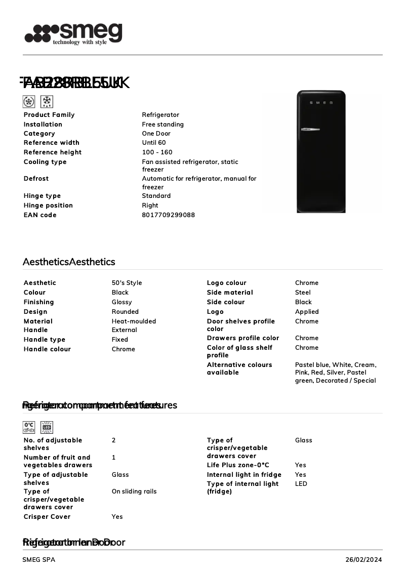 Page 1 de la notice Fiche technique Smeg FAB28RBL5UK