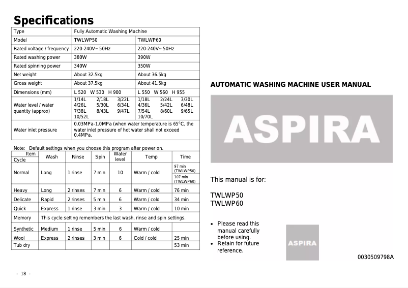 Page 1 de la notice Manuel utilisateur Aspira TWLWP60