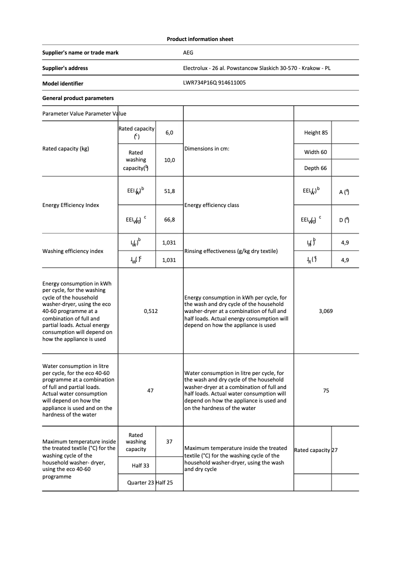 Page n°1 - Fiche technique AEG LWR734P16Q