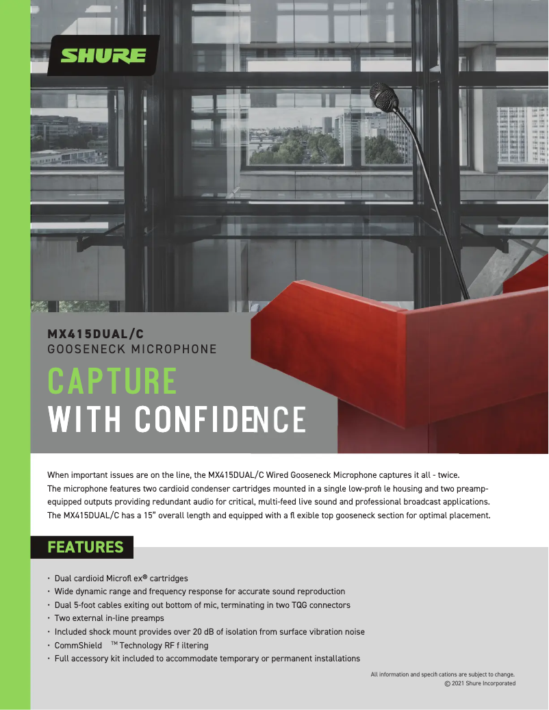 Page 1 de la notice Fiche technique Shure MX415DUAL