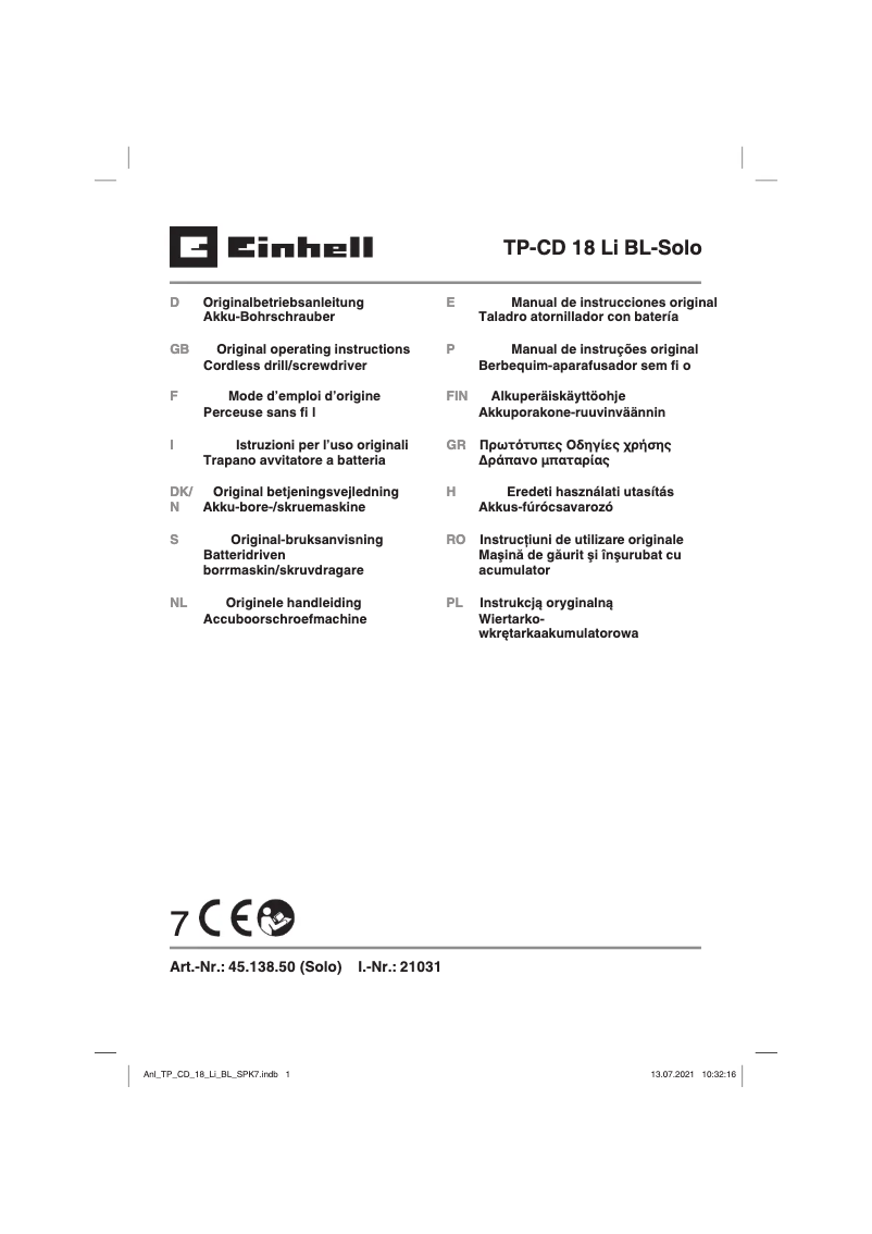 Page n°1 - Manuel utilisateur Einhell TP-CD 18 Li BL-Solo