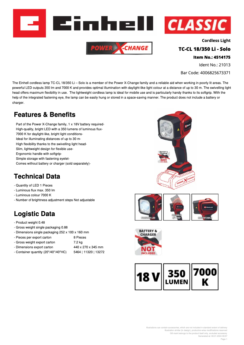 Page n°1 - Fiche technique Einhell TC-CL 18/350 Li