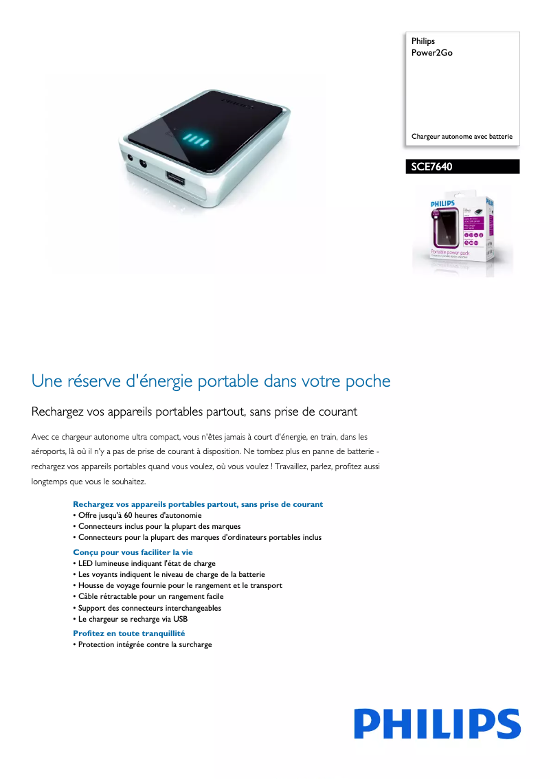 Page 1 de la notice Fiche technique Philips Power2Go SCE7640