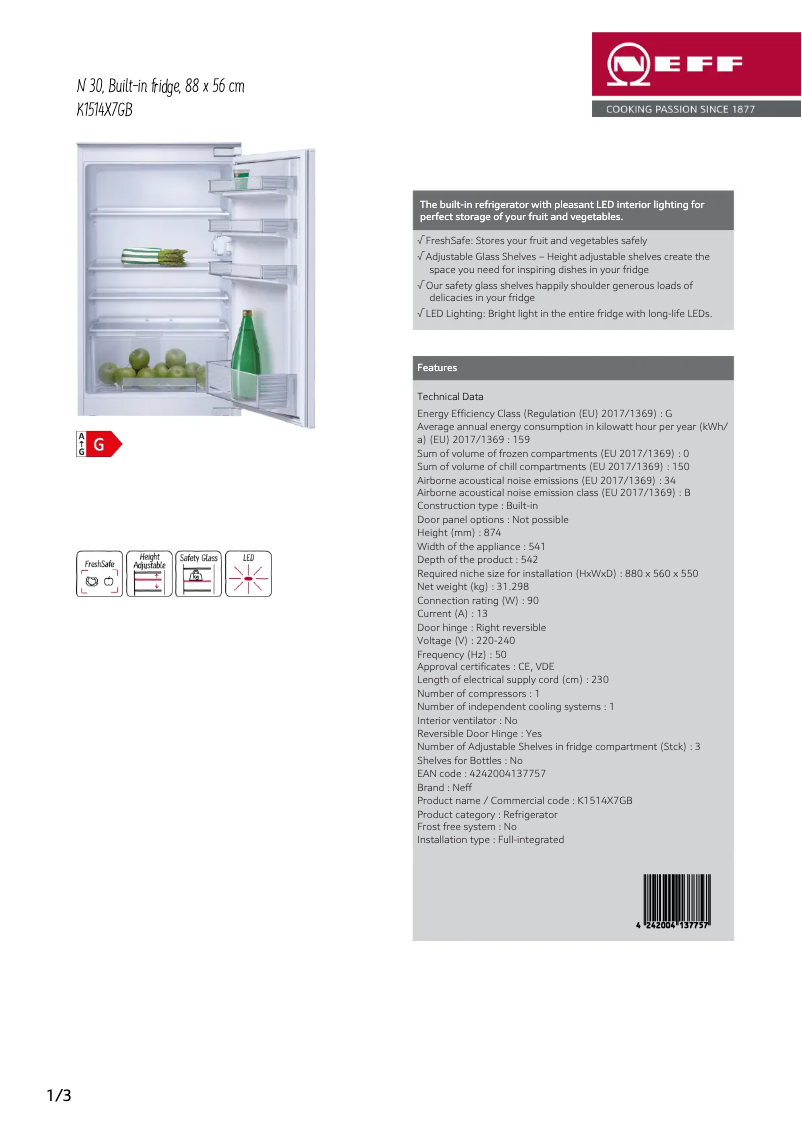 Page 1 de la notice Fiche technique Neff K1514X7GB