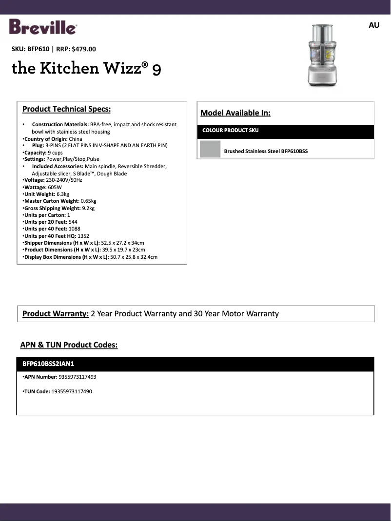 Image de la première page du manuel de l'appareil the Kitchen Wizz 9 BFP610