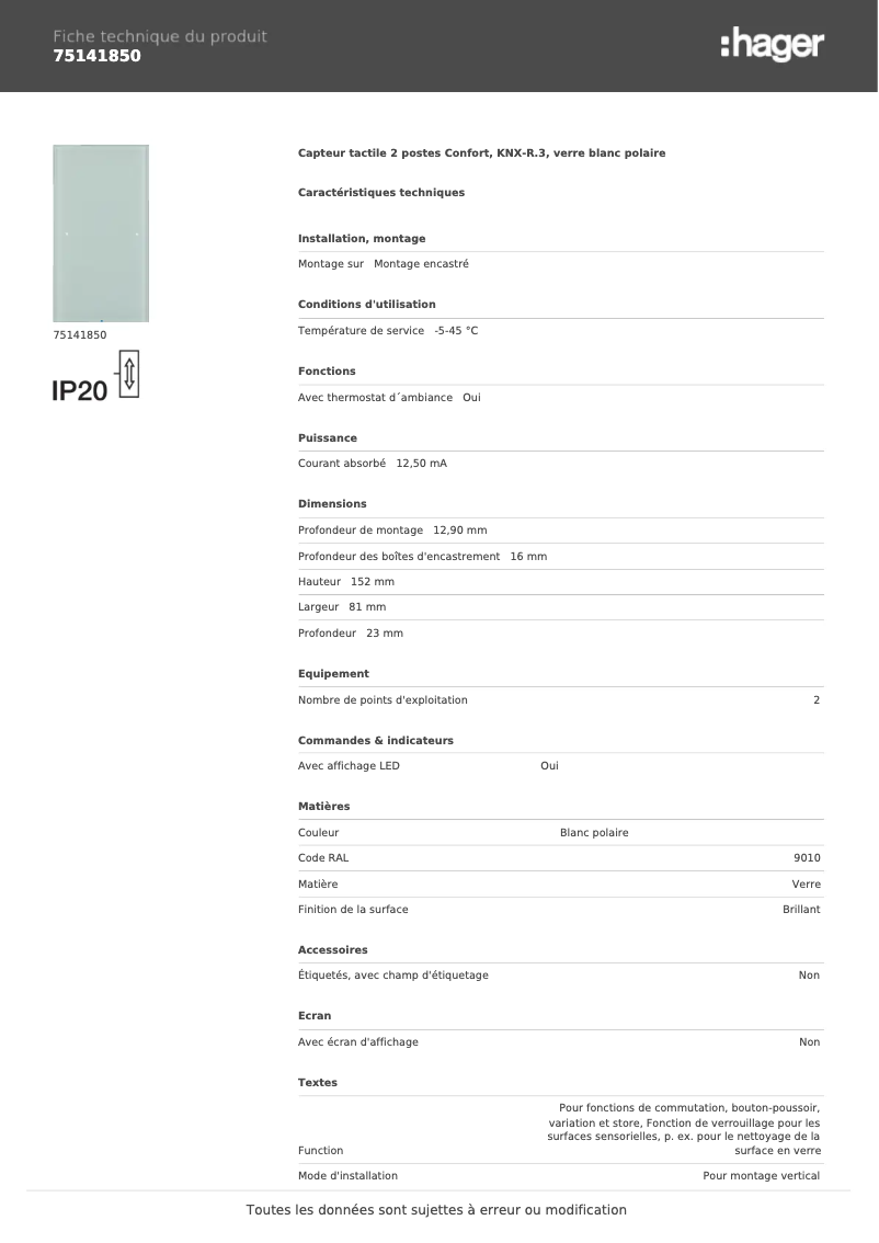 Page 1 de la notice Fiche technique Hager 75141850