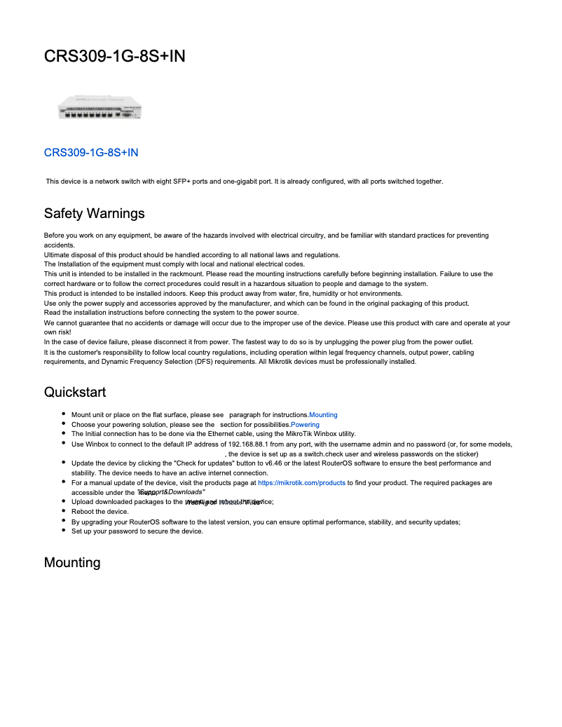 Page n°1 - Manuel utilisateur Mikrotik CRS309-1G-8S+IN