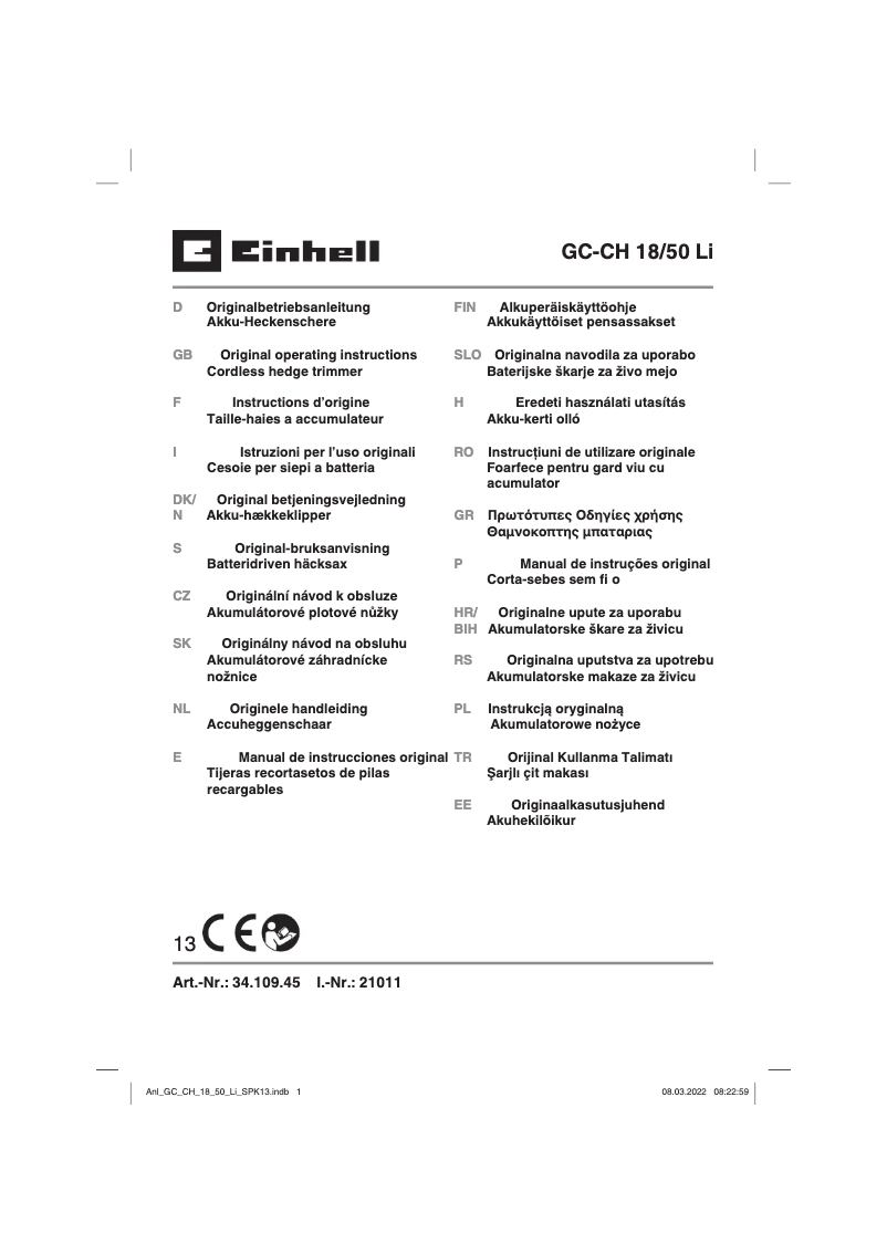 Page 1 de la notice Manuel utilisateur Einhell GC-CH 18/50 Li