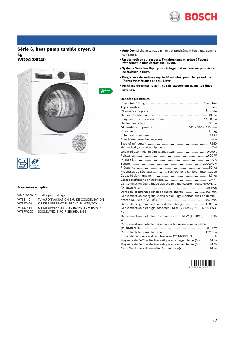 Page n°1 - Fiche technique Bosch WQG233D40