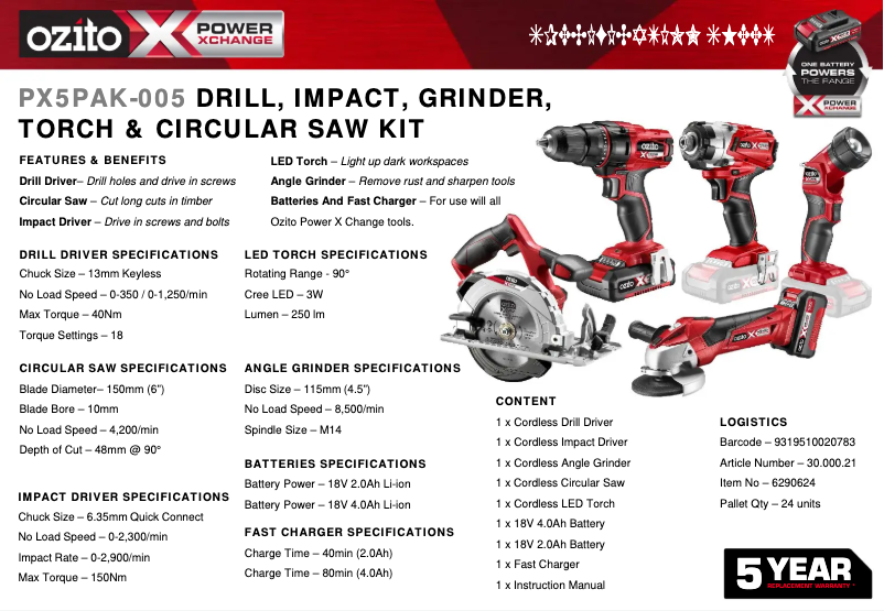 Page 1 de la notice Fiche technique Ozito PX5PAK-005