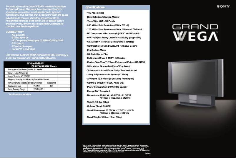 Page 1 de la notice Fiche technique Sony KF-60DX100